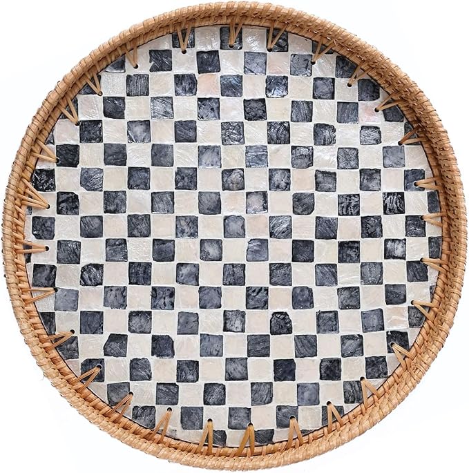 Rattan Checkered Tray with Mother of Pearl, Round Coffee Table Tray Décor 12 inch, Round Wicker Boho Decorative Woven Serving Tray (Checkerboard)
