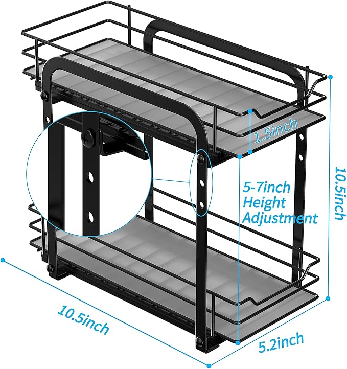 Spice Rack Organizer for Cabinet, 2 Tier Pull Out Spice Organizer for Cabinet Height Adjustable Heavy Duty Metal Basket for Inside Cabinets & Pantry Closet (5.5''Wx10.5''Dx9.5''H)