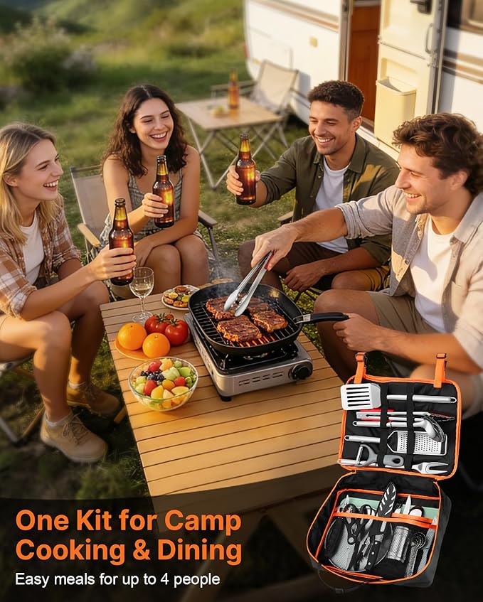 Portable Camping Cooking Utensils Set, Camp Kitchen Set with Organizer Bag, RV Essentials Outdoor Cooking Utensil Kit for Travel, Picnics, Camping, BBQs, Parties