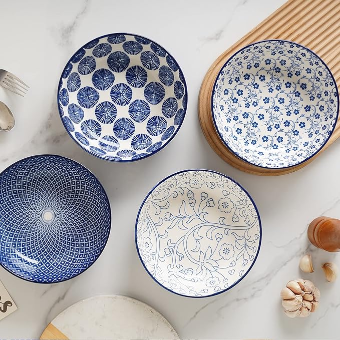 Selamica Ceramic 30 Ounce Pasta Bowls set of 4, 8 inch Serving Bowl Wide and Shallow Microwave Dishwasher Safe, Vintage Blue