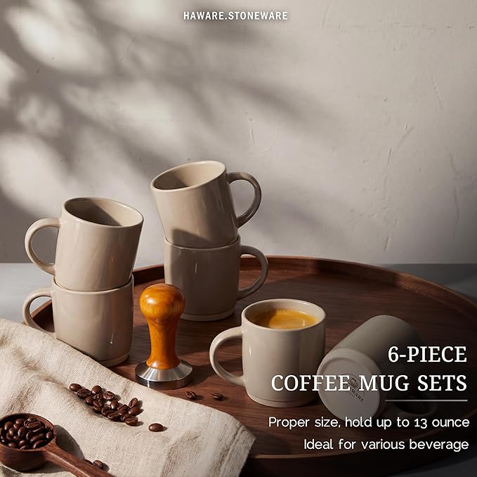 HaWare 13OZ Coffee Mugs Set of 6, Stoneware Coffee Cups, Ceramic Latte Mug for Man, Woman, Dad, Mom, Modern Tea Mugs for Latte/Cappuccino/Cocoa/Milk, Dishwasher& Microwave Safe, Speckled Cream Coffee