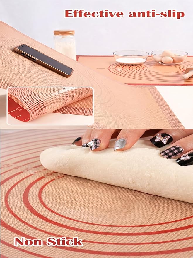 Silicone Pastry Mat with Measurements, 28 x 20 Inch Extra Thick Non-Slip Nonstick XL Baking Mat for Dough Rolling, Kneading, Fondant and Pie, Red