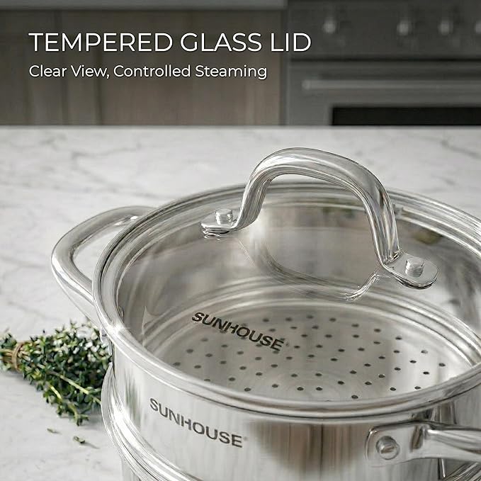 SUNHOUSE 2 Qt Stainless Steel Saucepan with Steamer and Lid - Steamer for Cooking, Kitchen Induction Cooking Pot with Vegetable Food Steamer Basket with Stay-Cool Handle