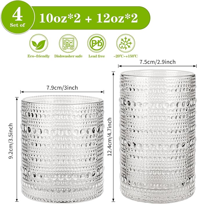 Hobnail Drinking Glasses Set of 4, 10oz Kitchen Water Glasses Cup & 12oz Vintage Cocktail Glasses Drinkware Set for Whisky, Juice, Wine, Milk