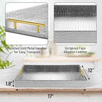 ATZYmolin 17" x 12" Wood Serving Tray with Gold Polished Metal Handles, Home Decorative Wooden Rectangle Ottoman Leather Decor Platter Bathroom Vanity Tray for All Occasions Alligator Silvery