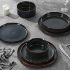 LIANYU Dinnerware Sets with Pasta Bowls, 8 Piece Ribbed Dinnerware Plates and Bowls Set for 2, Elegant Modern Stoneware Dishes Set for Kitchen Dining, Microwave and Dishwasher Safe, Jungle Green