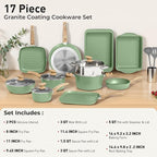DishDelight 17Pcs Non Stick Pots and Pan Set, Granite Kitchen Cookware Sets, Induction Cooking Pans Set, Green