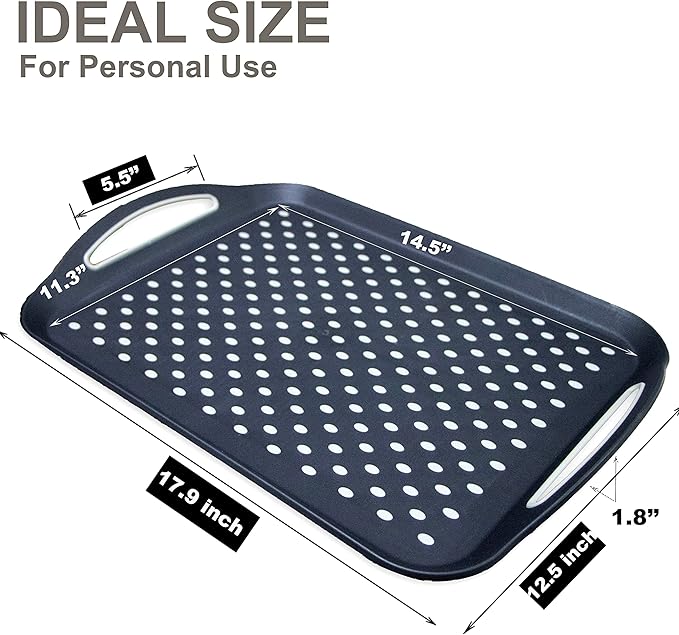 Large Non Slip Serving Tray with Handles, Silicone Gripping Nubs Lap Food Trays for Eating, Dishwasher Safe Serve for Dinner Snack Fruit Dessert Breakfast Beverage, Rectangular, Set of 2, Black