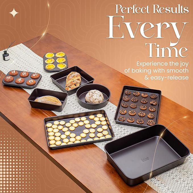 8 Piece Nonstick Stackable Bakeware Set -8 Piece Nonstick Bakeware Set - Easy Storage, 450°F Oven Safe, Durable Design, Muffin, Loaf, Baking Sheets, Round & Square Pan, Roaster; BPA-Free (Dark Brown)