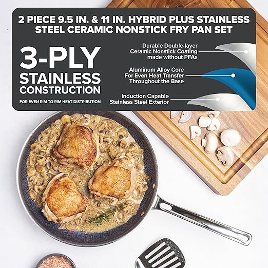 Viking Hybrid Plus 3-Ply Ceramic Nonstick Frying Pan, Made without PFAS, 2-Piece Induction Fry Pan Set, 9.5 and 11 Inch, Metal Utensil Safe, Oven Safe to 500F
