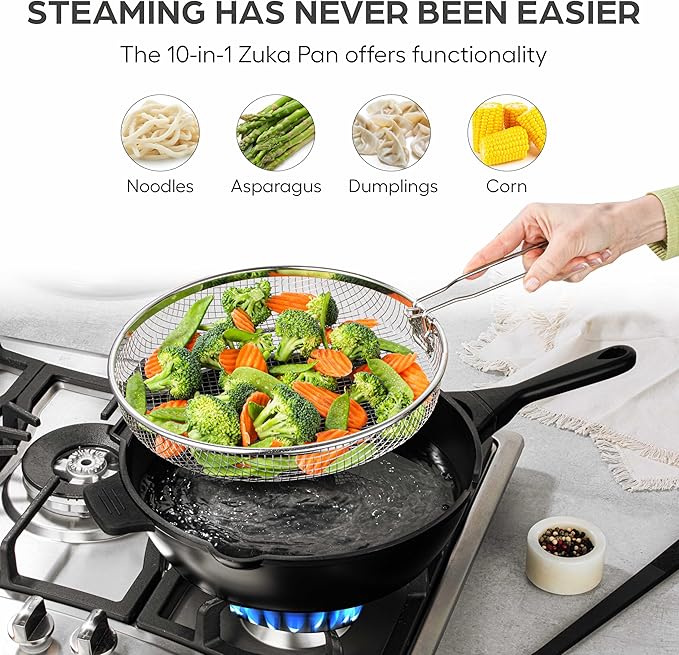 ZUKA 10 in 1 Ceramic Pan by Granitestone, Large 10 Inch Saute Pan with Lid Serves as Deep Frying Pan Set with Steamer, Everyday Skillet, Non Toxic Ceramic Nonstick, Induction Oven & Dishwasher Safe