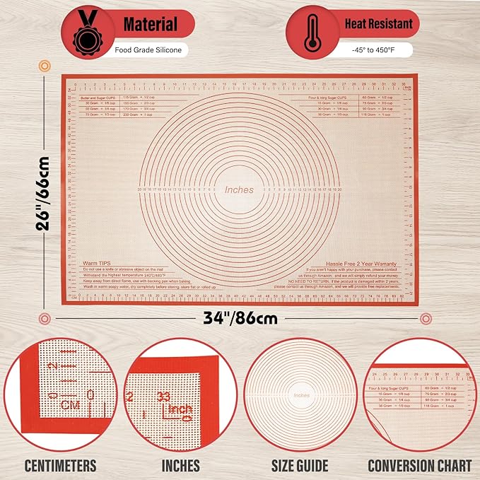 Silicone Pastry Mat 34x26 Inch Nonstick Baking Mat -Perfect for Dough, Pastry, Bread, Dough Rolling, Kneading Board, Pie Crust, Fondant, Pasta/Pizza, Kitchen Counter Mat