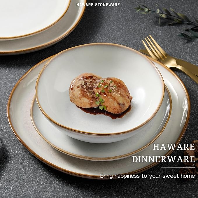 HaWare Plates and Bowls Set, Stoneware Dinnerware Sets, 16-Piece Hand-painted Dishware for 4, Ceramic Dish Set for Home Kitchen, Scratch Resistant, Microwave and Dishwasher Safe, Reactive Pearl White
