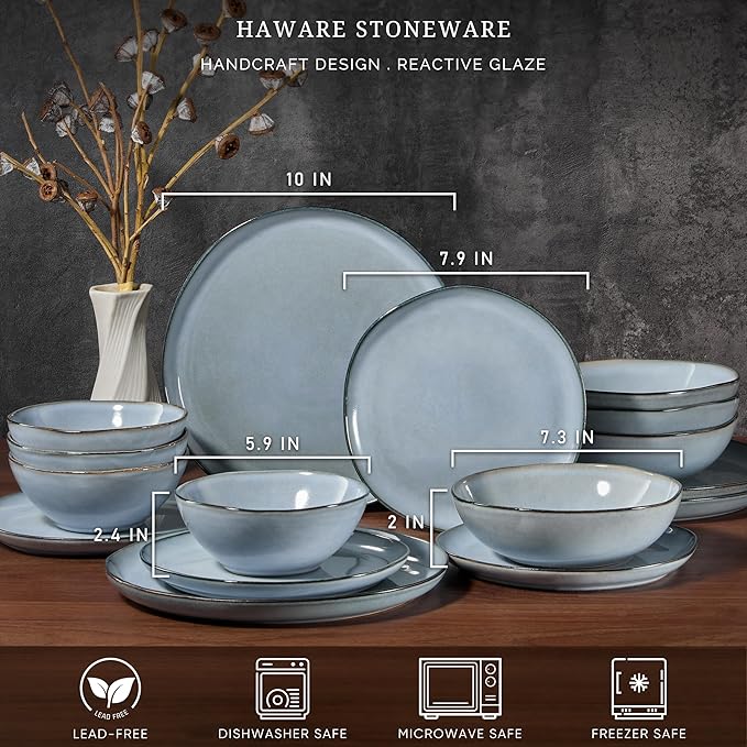 HaWare Plates and Bowls Set, Stoneware Dinnerware Sets, 16-Piece Hand-painted Dishware for 4, Ceramic Dish Set for Home Kitchen, Scratch Resistant, Microwave and Dishwasher Safe, Reactive Foggy Blue