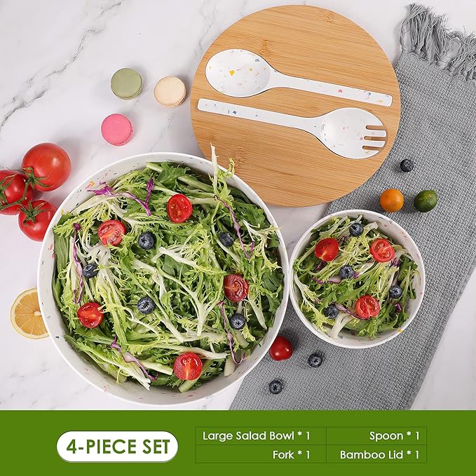 ECOWAY Melamine Salad Bowl with Bamboo Lid & Servers, Bamboo Fiber Salad Serving Bowl 4Qt, Salad Mixing Utensils with Tongs Spoon for Salad, Fruit, Soup, Vegetables, Pasta, Dessert Bowls, 9.84 Inches