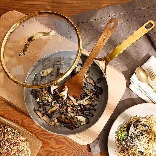 Bloomhouse - Two Time Oprah's Favorite Things Winner - 10 Inch Heavy Duty Aluminum Premium PFA Free Ceramic Nonstick Saute/Deep Frying Pan Skillet with Lid - Cappuccino Cream with Gold Handle