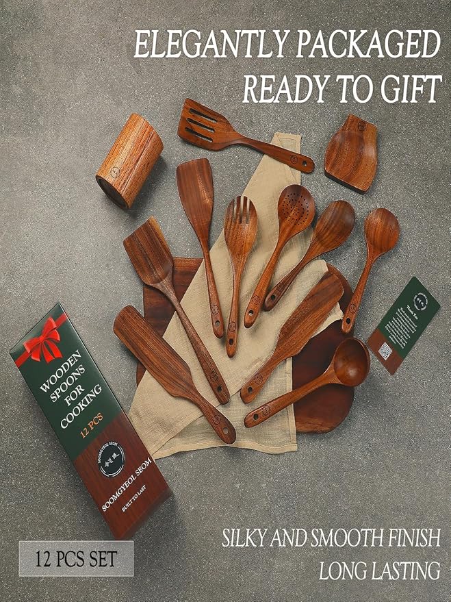 12-Piece Natural Teak Wood Utensil Set with Holder & Rest - Nonstick Cooking Spoons, Spurtles, Heat Resistant Tools