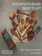 12-Piece Natural Teak Wood Utensil Set with Holder & Rest - Nonstick Cooking Spoons, Spurtles, Heat Resistant Tools