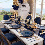 KIRE 140Pcs Blue Plastic Plates with Gold Rim - Gold Disposable Plastic Silverware with Blue Handle&Clear Cups&Hand Napkin - Geometric Party Plates for Passover/Party/Graduation