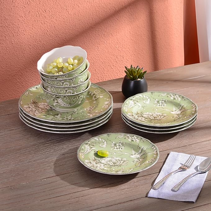 222 Fifth Adelaide Sage 12-Piece Green Porcelain Dinnerware Set – Service for 4, Big Dinner Plates and Bowls Sets, Green with White Floral Pattern, for Daily Entertainment, Microwave & Dishwasher Safe