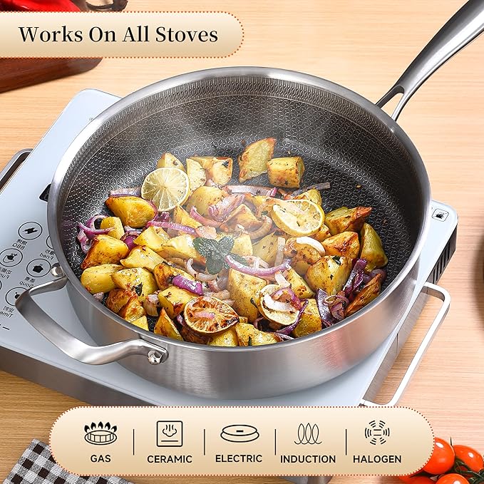 LOLYKITCH 7 QT & 12 Inch Ceramic Nonstick Pan Set – Tri-Ply Stainless Steel Large Sauté Pan with Lid & Frying Pan – Removable Handle for Easy Storage, PFOA-Free, Induction & Oven Safe