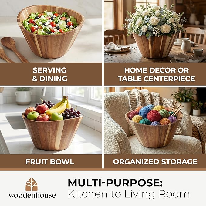 Extra Large Wooden Salad Bowl - Acacia 12” Multi-Purpose Wood Bowls - Decorative Bowls for Home Decor, Storage, Serving, Yarn - Durable Wavy Handmade Design - Wooden Fruit Bowl for Kitchen Counter