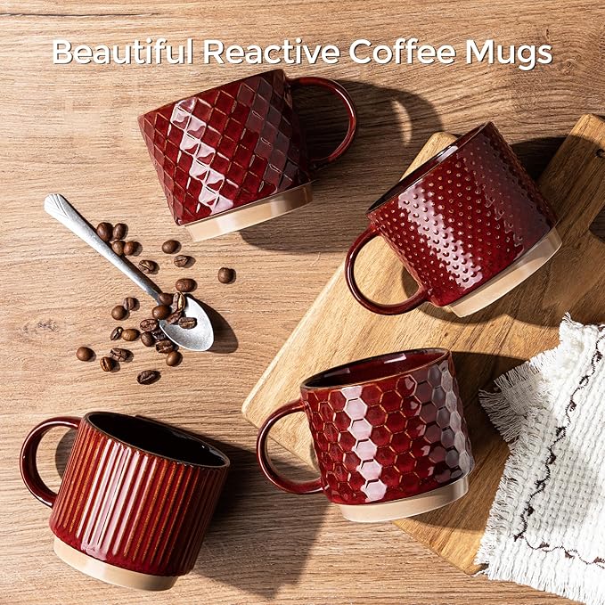 GBhome 15 OZ Large Stackable Coffee Mugs, Ceramic Coffee Mugs with Texture Patterns for Man,Woman,Dad,Mom, Modern Coffee Mugs Set of 4 for Latte/Cappuccino/Cocoa. Dishwasher&Microwave Safe
