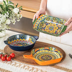 Henten Home Porcelain Rectangular Bowls with Handle - 20 oz Ceramic Pasta Bowls Set of 6, Colorful Bohemian Style Serving Dishes for Salad, Risotto, Oven,Microwave & Dishwasher Safe
