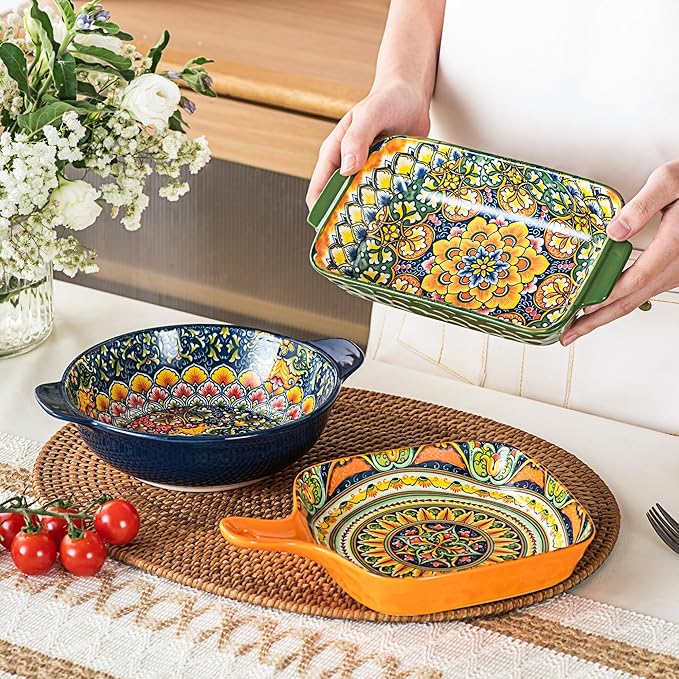 Henten Home Porcelain Rectangular Bowls with Handle - 20 oz Ceramic Pasta Bowls Set of 6, Colorful Bohemian Style Serving Dishes for Salad, Risotto, Oven,Microwave & Dishwasher Safe