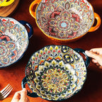 2 Pack Boho Ceramic Serving Bowls with Handles, 40 Oz Porcelain Salad Bowls, Large Serving Dishes for Entertaining, Mixing Bowls for Soup, Stew, Pasta, Cereal, Colorful Embossed Cute Bowls Set BLDS