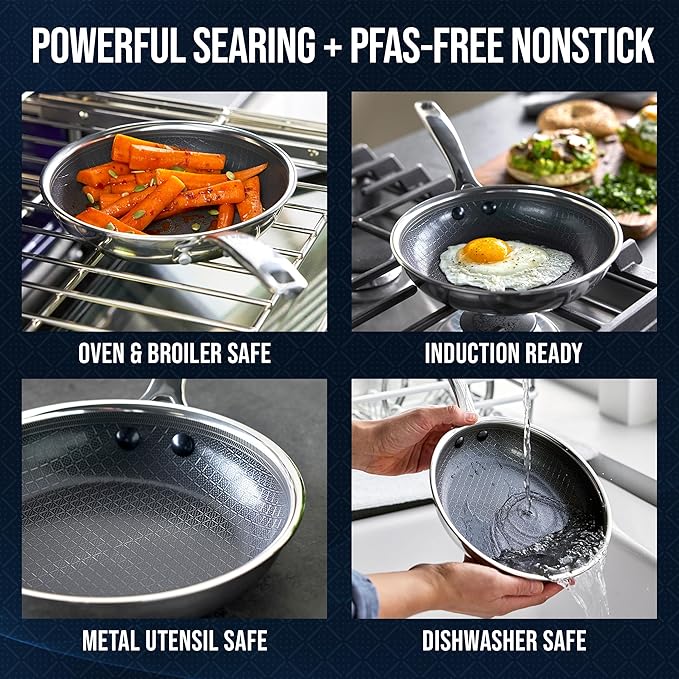 Blue Diamond Hybrid Nonstick Stainless Steel 8” Frying Pan, PFAS-Free Ceramic Skillet, Diamond Bond Powerful Searing, Egg & Omelet Pan, Dishwasher Safe, Stay-Cool Handle, Induction Ready, All Cooktops