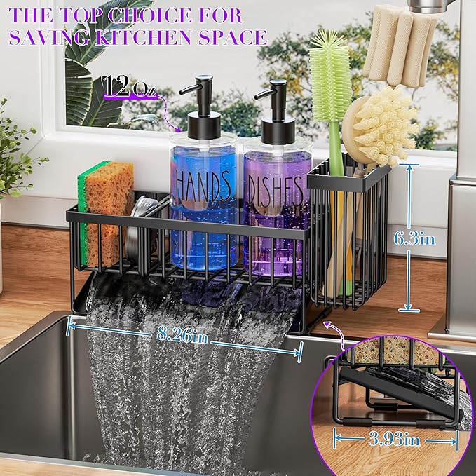 MASADI Kitchen Sink Caddy with Dish Soap Dispenser Set, 12OZ Glass Bottle, Hand and Dish Soap Dispenser Set, Non-Slip Silicone Pad, Brush Holder, Kitchen Sink Organizer Countertop (Black+Clear)