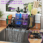 MASADI Kitchen Sink Caddy with Dish Soap Dispenser Set, 12OZ Glass Bottle, Hand and Dish Soap Dispenser Set, Non-Slip Silicone Pad, Brush Holder, Kitchen Sink Organizer Countertop (Black+Clear)