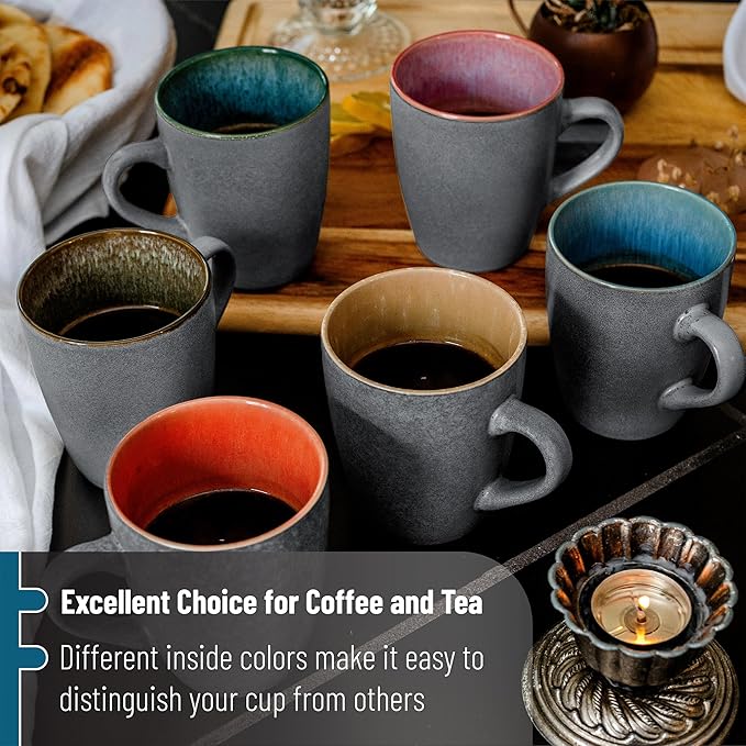 BTaT- Porcelain Coffee Mugs Set, 12 oz (350ml), 6 Pack, Ceramic Coffee Mugs, Matte Black Outside and Colorful Inside, Restaurant Cups for Tea, Cappuccino, Cocoa, Cereal, Mug Gift Set, Dishwasher Safe