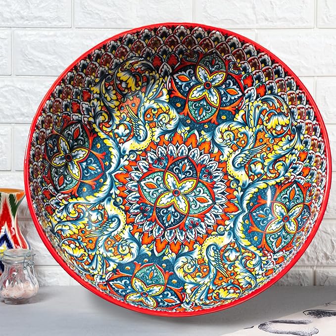 4 Pack Large Serving Bowls, 80 Oz Extra Large Salad Bowls Set of 4, Bohemian Decorative Bowls for Salad, Fruit, Pasta and Dinner, Serving Dishes Set for Party, Dishwasher & Microwave Safe, Mix-color