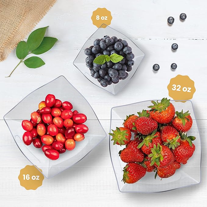 R-kay 6 Pack Square Plastic Serving Bowls - Clear Plastic bowls 32 Oz - Salad Bowls Large Serving, Premium Duty For Weddings Catering And Birthday parties