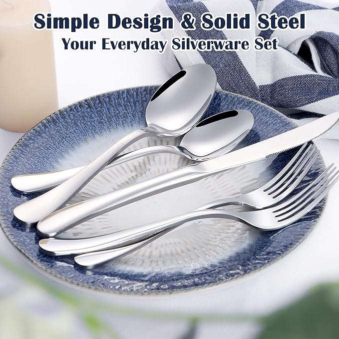 E-far Heavy Duty Silverware Set for 4, 20-Piece Stainless Steel Flatware Cutlery Set, Thick Metal Eating Utensils Including Forks and Spoons Knife, Heavy Weight & Mirror Finish, Dishwasher Safe