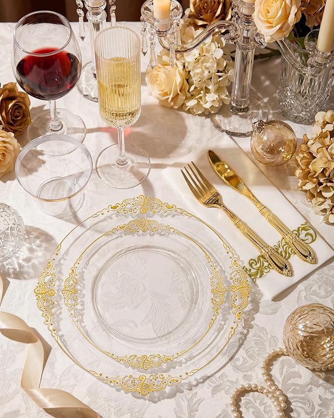 Morejoy 350PCS Clear and Gold Plastic Plates - Clear Plastic Dinnerware Set Include 50Dinner Plates, 50Dessert Plates 150Cutlery, 50Cups, 50Napkin Perfect for Party & Wedding