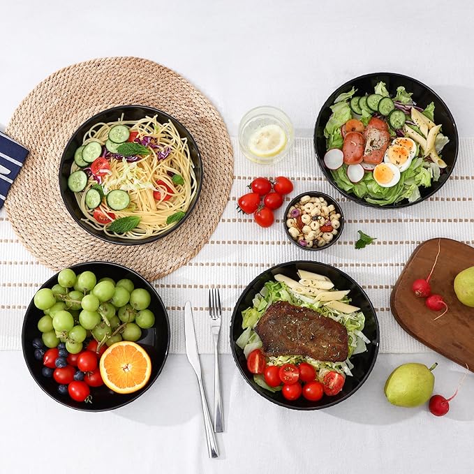Sureasy Pasta Bowls Set of 4, 30oz Large Embossed Salad Bowls, 8.5 Inch Wide and Shallow Plate Bowls, Salad Bowl, Microwave, Oven & Dishwasher Safe, Black
