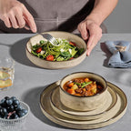 E-far 8-Piece Plates and Bowls Sets with Pasta Bowls - Stoneware Dinnerware Set for 2, Modern Ribbed Dishes, Microwave & Dishwasher Safe, Sandy Khaki