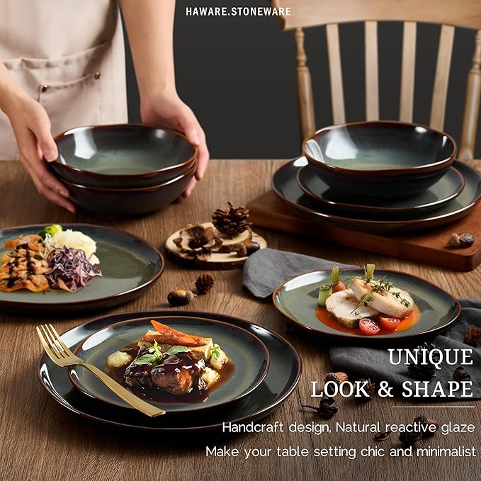 HaWare Plates and Bowls Set, Stoneware Dinnerware Sets, 16-Piece Hand-painted Dishware for 4, Ceramic Dish Set for Home Kitchen, Scratch Resistant, Microwave and Dishwasher Safe, Reactive Moss Green