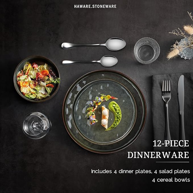 HaWare Dinnerware Sets, 12-Piece Plates and Bowls Set, Stoneware Dish Set for 4, Ceramic Dinnerware for Home Restaurant, Chip and Scratch Resistant, Microwave and Dishwasher Safe, Reactive Moss Green