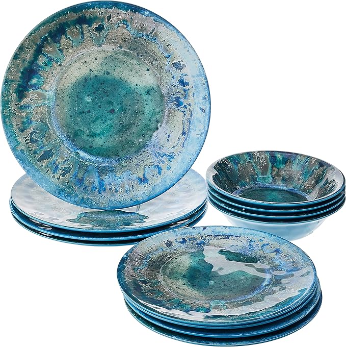 Radiance Teal 12pc Melamine Dinnerware Set – Service for 4 Plates and Bowls Set, Outdoor Dinnerware, Coastal Dishes, Unbreakable, Dishwasher Safe, Heavyweight Melamine, Rustic Look