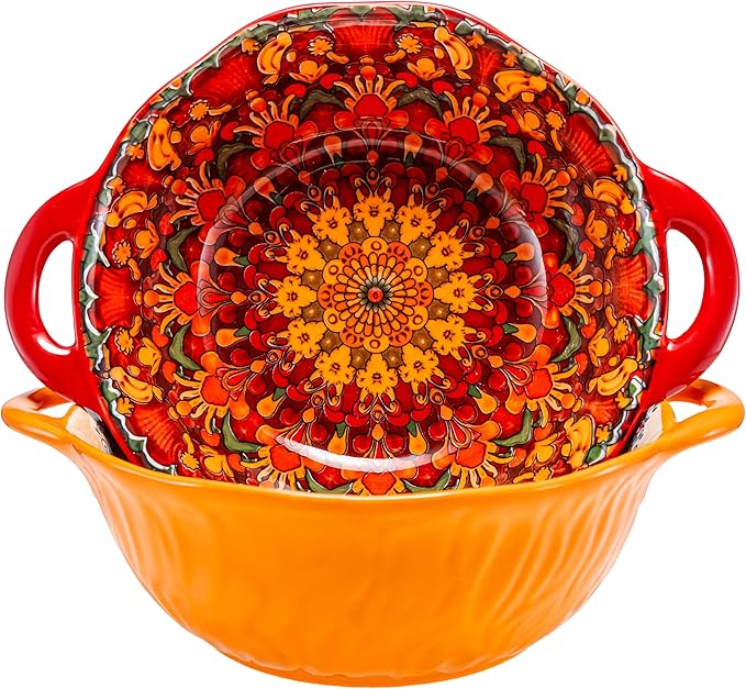 Boho Ceramic Serving Bowls with Handles Set of 2, Ceramic Large Serving Bowls, 40 Oz Porcelain Salad Bowls, Large Serving Dishes for Entertaining, Nesting Mixing Bowls for Soup,Stew,Fruits,Dinner