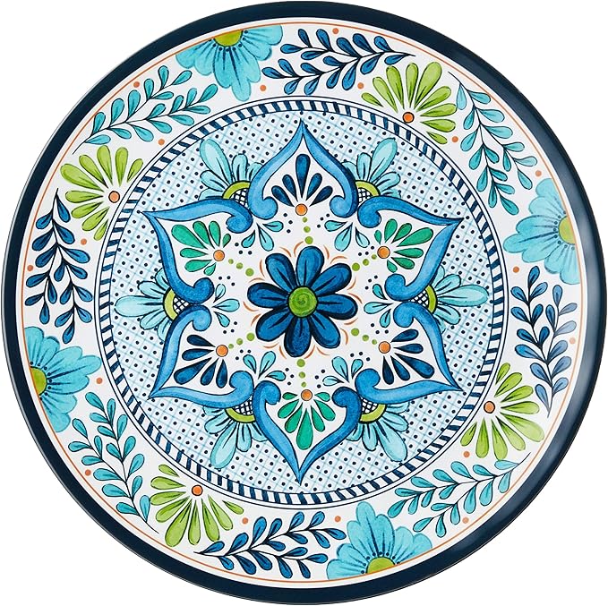 Talavera Melamine 12-Piece Dinnerware Set – Multicolored Plates and Bowls for 4, Spanish Tile-Inspired, Durable, Lightweight, Shatterproof, Dishwasher Safe, Indoor Outdoor Tableware
