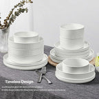 LIANYU 24 Piece Dinnerware Sets with Double Bowls, Ceramic Plates and Bowls Set for 4, Ribbed Stoneware Dishes for Home Kitchen, Microwave and Dishwasher Safe, Speckled White