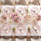 KIRE 350 PCS Pink Plastic Plates - Pink and Gold Disposable Dinnerware 50 Guest Include 50 Dinner Plate - 50Dessert Plate - 50Pre Rolled Napkins with Silverware for Mother's Day/Wedding/Baby Shower