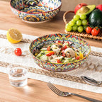 Henten Home Ceramic Pasta Bowls, 50 oz Soup Bowl Set of 2, Colorful Large Salad Bowls, Bohemia Style Serving Bowls Set for Noodles, Microwave & Dishwasher Safe (Set A)