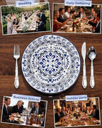 Hioasis 175PCS Blue Plastic Plates - Floral Disposable Dinnerware Set for 25 Guests, Include 50 Dinner & Dessert Plates, 75 Silver Cutlery, 25 Napkins, 25 Cups Perfect for Party (Traditional Style)