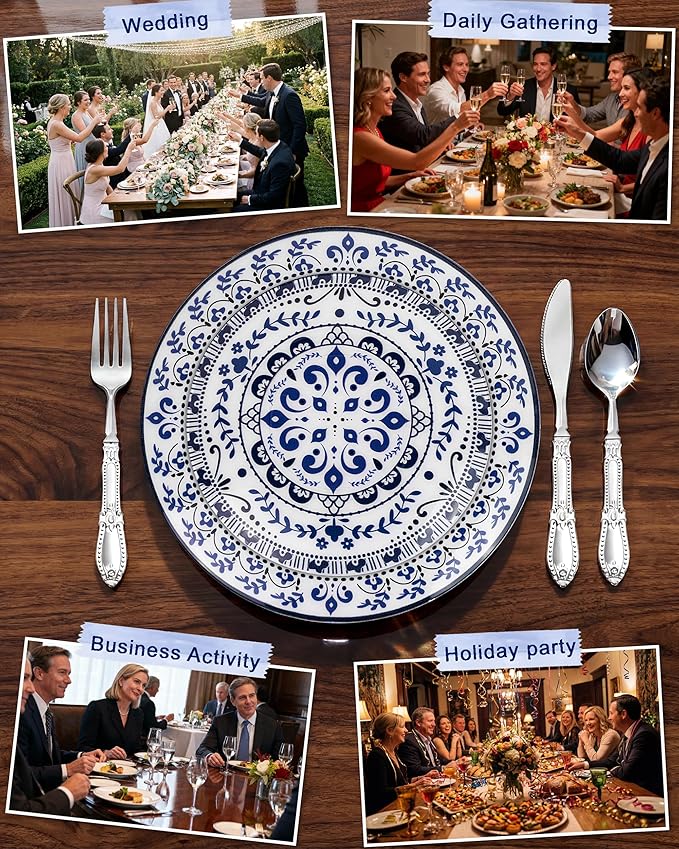 Hioasis 175PCS Blue Plastic Plates - Floral Disposable Dinnerware Set for 25 Guests, Include 50 Dinner & Dessert Plates, 75 Silver Cutlery, 25 Napkins, 25 Cups Perfect for Party (Traditional Style)